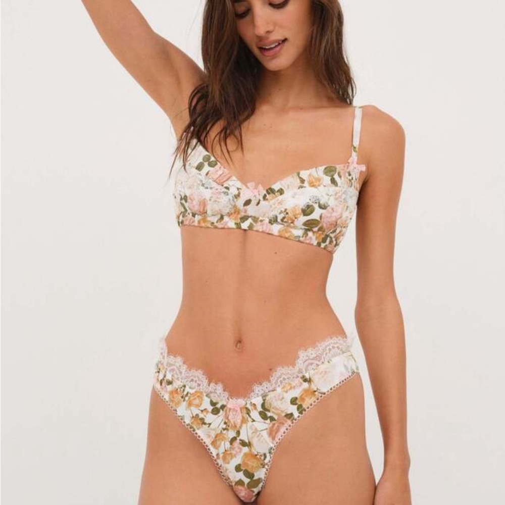 For Love and Lemons Mariah Thong Floral Shimmer Panties M